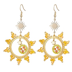 Orange 304 Stainless Steel Dangle Earrings, with Brass & Carnelian & Glass Seed Pendant, Sun, Orange, 70x43mm