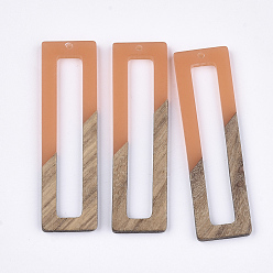 Коралловый Большие подвески из смолы и ореха, прямоугольные, коралл, 60.5~61x17x3 мм, отверстие : 1.6 мм