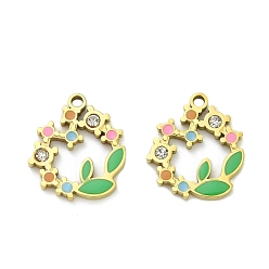 Настоящее золото 18K 304 подвески из нержавеющей стали, гирлянда, с эмалью и горный хрусталь, ионное покрытие (ip), реальный 18 k позолоченный, 18x16.5x2.5 мм, отверстие : 1.8 мм