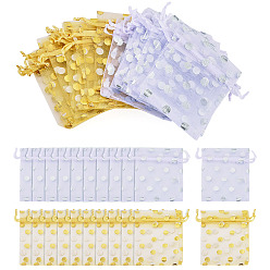 Mixed Color 30Pcs 2 Colors Hot Stamping Polka Dot Organza Jewelry Drawstring Bags, Mesh Polyester Gift Bags, for Wedding Party Candy Mesh Packaging, Rectangle, Mixed Color, 9x7.1x0.04cm, 15pcs/color