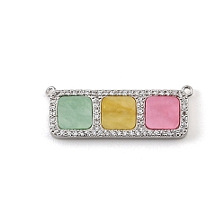 Colorful Brass Micro Pave Clear Cubic Zirconia Connector Charms, with Resin, Rectangle with Square Links, Rack Plating, Long-Lasting Plated, Cadmium Free & Lead Free, Platinum, Colorful, 12x32x3mm, Hole: 1mm