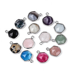 Смешанные камни Природные и синтетические смешанные каменные подвески, граненые шестиугольные подвески, с платиновой и латунной фурнитурой, смешанные окрашенные и неокрашенные, 14.5~15.5x11~12x4~5 мм, отверстие : 1.5~1.6 мм