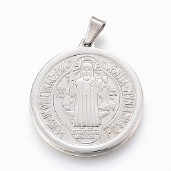 Stainless Steel Color Tarnish Resistant 304 Stainless Steel Pendants, Flat Round, Saint Benedict Medal, Stainless Steel Color, 31x28x2.5mm, Hole: 4x7mm