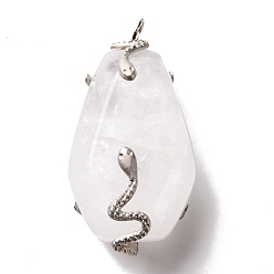 Хрусталь Природного кварца хрустальных подвесок, с цветным покрытием из нержавеющей стали 304 выводы в виде змеи из нержавеющей стали, шестиугольник, 37x20x12.5 мм, отверстие : 3.5 мм