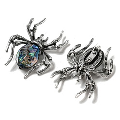 Colorful Dual-use Items Alloy Pave Dyed Shell Spider Brooch, with Jet Rhinestone, Antique Silver, Colorful, 57.5~58x41.5~42x12.5mm, Hole: 4x3mm