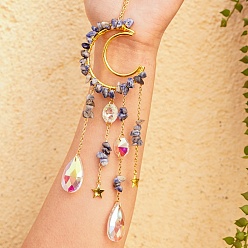 Содалитовое Натуральный содалит чип подвесной кулон в виде ловца солнца украшение, хрустальные стеклянные призматические подвески в форме капли и восьмиугольное звено, с латунной фурнитурой , луна, 260~270 мм