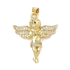 Настоящее золото 18K Латунные микропаве прозрачные подвески с фианитом, ангельские прелести, без кадмия и без свинца, долговечный, стойки покрытие, реальный 18 k позолоченный, 27.5x23.5x8 мм, отверстие : 5.5x4 мм