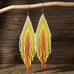 Желтый Серьги-кисточки из бисера ручной работы из богемного стекла, платина, желтые, 140x38 мм