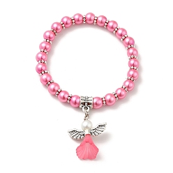 Hot Pink Lovely Wedding Dress Angel Bracelets for Kids, Carnival Stretch Bracelets, with Glass Pearl Beads and Tibetan Style Beads, Hot Pink, 45mm