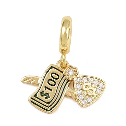 Настоящее золото 18K Латунные микро-паве прозрачные кубические цирконии 100 доллары европейские подвески-шармы, подвески с большими отверстиями из черной эмали, стойки покрытие, долговечный, без кадмия и без свинца, реальный 18 k позолоченный, 25 мм, отверстие : 5.5 мм