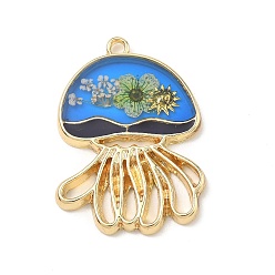 Jellyfish Подвески из сплава, эпоксидной смолы и сушеных цветов на тему морской жизни., золотые, королевский синий, очарование медузы, 37x26x3 мм, отверстие : 2.2 мм
