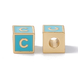 Letter C Стойки покрытие латунь эмаль бисер, без кадмия, без никеля и без свинца, реальный 18 k позолоченный, куб с письмом, голубой, letter.c, 6x6x6 мм, отверстие : 2.5 мм