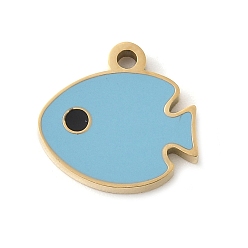 Светло-Голубой 304 прелести нержавеющей стали, с эмалью, рыбы прелести, цвет нержавеющей стали, Небесно-голубой, 10x10.5x1.5 мм, отверстие : 1.1 мм