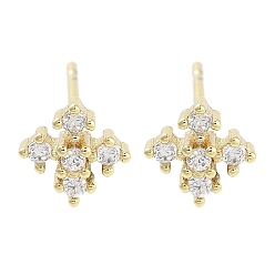 Real 18K Gold Plated Brass Micro Pave Clear Cubic Zirconia Studs Earring, Flower, Real 18K Gold Plated, 7x7mm