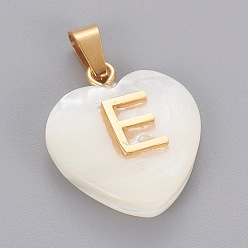 Letter E Shell Anhänger, mit 304 Edelstahl Zubehör, Herz mit Brief, golden, letter.e, 23.5x20x7 mm, Bohrung: 3.5x7 mm