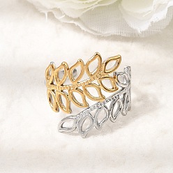 Golden & Stainless Steel Color 304 Stainless Steel Cuff Open Rings for Women, Leaf, Golden & Stainless Steel Color, 20mm, Inner Diameter: 18mm