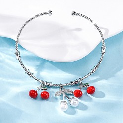 Платина Латунные браслеты-манжеты с микропаве из прозрачного кубического циркония, бусины из искусственного жемчуга и эмалевые подвески в виде вишни для женщин, стойки покрытие, без кадмия и без свинца, долговечный, платина, 16.77 дюйм (42.6 см)