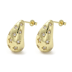 Golden Brass with Cubic Zirconia Stud Earrings, Teardrop with Star, Lead Free & Cadmium Free, Long-Lasting Plated, Golden, 22x12mm