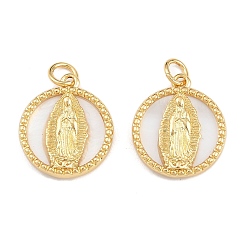 Золотой Латунные подвески, с оболочкой и кольцами для прыжков, плоские круглые с Девой Марией, золотые, 17.5x15x2.5 мм, отверстие : 3 мм