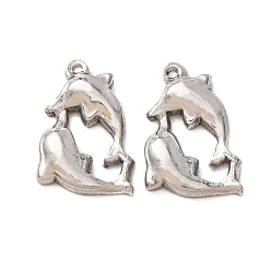 Platinum 304 Stainless Steel Pendants, Double Dolphin Charms, Platinum, 19x13x3mm, Hole: 1.2mm