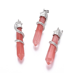 Вишневый Кварц Вишни из кварцевого стекла большие подвески, с латунной фурнитурой , змея с бриллиантом, Платиновый металл, 60x12 мм, отверстие : 5x7 мм