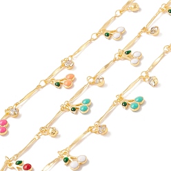Разноцветный Латунные бар шарнирные цепи, с эмалированной вишней и стеклянной плоской круглой подвеской, пайки, с катушкой, без свинца и без кадмия, золотые, красочный, ссылка: 2.5x4x0.5 mm