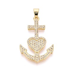 Настоящее золото 18K Латунные микропаве прозрачные подвески с фианитом, якорь с сердечками, реальный 18 k позолоченный, 36.5x23.5x3 мм, отверстие : 6x3.5 мм