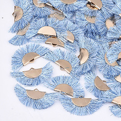 Light Sky Blue Polyester Tassel Pendants, with Metallic Cord and Iron Findings, Fan Shape, Golden, Light Sky Blue, 17~20x30~34x2.5mm, Hole: 3x1mm
