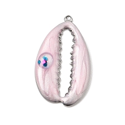 Pearl Pink 304 Stainless Steel with Enamel Pendants, with Sequins/ Paillettes Chips, Cowrie Shell Shape Charms, Stainless Steel Color, Pearl Pink, 27x15.5x3mm, Hole: 1mm
