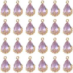 Plum Transparent Glass Pendants, for DIY Jewelry Making, with Brass Findings, Faceted, Teardrop with Flower, Light Gold, Plum, 16x9x6mm, Hole: 1.2mm
