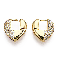 Oro Aretes de aro con corazón de circonitas cúbicas transparentes, joyas de latón para mujer, dorado, 17.5x17x5 mm, pin: 0.8 mm