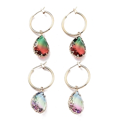 Couleur Mélangete Boucles d'oreilles créoles en laiton doré clair, boucles d'oreilles en forme de larme de verre, couleur mixte, 41x13.5mm