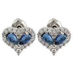 Королевский синий Серьги-гвоздики в форме сердца из кубического циркония, стеллаж для латунных украшений для женщин, платина, королевский синий, 9.5x11 мм