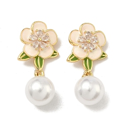 Настоящее золото 18K Латунные микропаве прозрачные подвески с фианитом, , с эмалью и пластиковыми жемчужинами, реальный 18 k позолоченный, 31x14x10 мм, отверстие : 4x3 мм