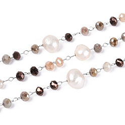 Верблюжий 304 цепные цепи из нержавеющей стали, с гранеными стеклянными бусинами-ронделями и натуральным пресноводным жемчугом., пайки, с катушкой, цвет нержавеющей стали, верблюжие, 5~6x5~6x3.5~5 мм