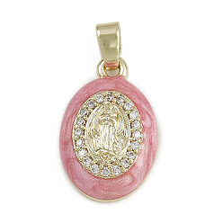 Pink Латунные микропаве прозрачные подвески с фианитом, овальные с рисунками " virgin mary", с эмалью, без кадмия и без свинца, долговечный, реальный 18 k позолоченный, розовые, 21x14x5 мм, отверстие : 2.5x4.5 мм