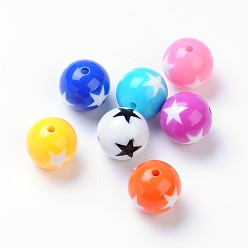 Mixed Color Opaque Acrylic Beads, Round with Star, Mixed Color, 19mm, Hole: 3mm, about 118pcs/500g