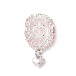 Pink Подвески из стеклянных бусин в виде воздушных шаров, с подвесками в виде сердечек из сплава и 304 открытыми соединительными кольцами из нержавеющей стали, розовые, 33.5x16.5~19.5x6.5 мм, отверстие : 1.5 мм