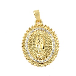 Настоящее золото 18K Латунные микропаве прозрачные подвески с фианитом, без кадмия и без свинца, религиозная тема, овальные с рисунками " virgin mary", реальный 18 k позолоченный, 24.5x18.5x2.5 мм, отверстие : 4x2 мм