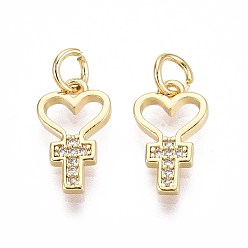 Настоящее золото 16K Латунные микро проложить кубического циркония подвески, сердце с крестом, с целью перехода в кольце, реальный 16 k позолоченный, 14x8x1.5 мм, отверстие : 3 мм