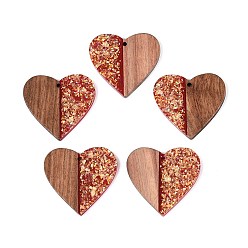 Темно-Красный Подвески из непрозрачной смолы и орехового дерева, сердце прелести, с блестящей пудрой и золотой фольгой, темно-красный, 37.5x39x3~3.5 мм, отверстие : 2 мм