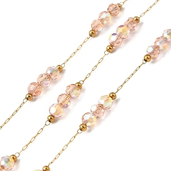 Розовый 316 хирургические шариковые цепи из нержавеющей стали, со стеклянными и 304 нержавеющими бусинами, пайки, с катушкой, реальный 18 k позолоченный, туманная роза, 2.5x1x0.2 мм