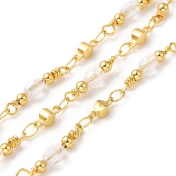 Clear Handmade Oval Glass Beaded Chains, Real 18K Gold Plated Brass Link Chains, Soldered, with Spool, Cadmium Free & Lead Free, Clear, Glass Beads: 21x4mm, Link: 8.5x3.5x3mm