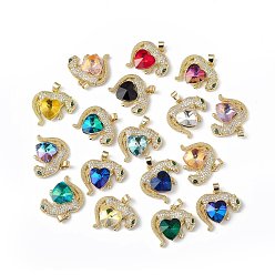 Mixed Color Real 18K Gold Plated Rack Plating Brass Micro Pave Clear Cubic Zirconia Pendants, with Glass, Long-Lasting Plated, Cadmium Free & Lead Free, Leopard with Heart Charm, Mixed Color, 24.5x25x8.2mm, Hole: 5x3.2mm
