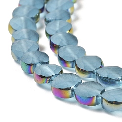Sky Blue Electroplate Frosted Glass Beads Strands, Rainbow Plated Edge Beads , Faceted Flat Round, Sky Blue, 5~6x6~6.5x3.5~4mm, Hole: 1.2~1.4mm, about 100pcs/strand, 21.10''(53.6cm)