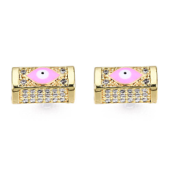 Pearl Pink Brass Micro Pave Cubic Zirconia Beads, with Enamel, Real 18K Gold Plated, Rectangle with Evil Eye, Nickel Free, Pearl Pink, 14x8x7mm, Hole: 3.5mm