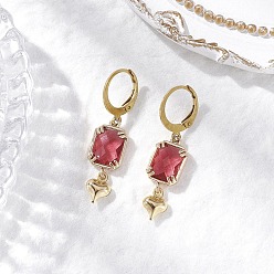 Pink Стеклянные серьги с защелкой, 304 из нержавеющей стали выводы Leverback серьги, Прямоугольник с сердцем, золотые, розовые, 36x9 мм