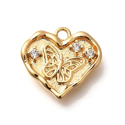 Настоящее золото 18K Латунные микро проложить кубического циркония подвески, сердце с подвесками в виде бабочек, реальный 18 k позолоченный, 12.5x13.5x2.5 мм, отверстие : 1.4 мм