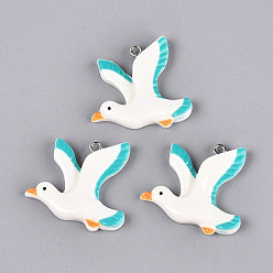 White Opaque Resin Pendants, Sea Mew Charms, with Platinum Tone Iron Loops, White, 30x31x5.5mm, Hole: 2mm
