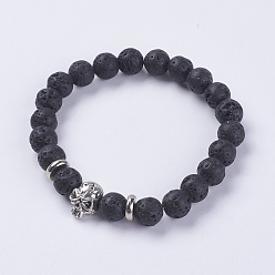 Lava Rock Natural Lava Rock Beads Stretch Bracelets, with Alloy Finding, Skull, Antique Silver, 2-1/8 inch(55mm)